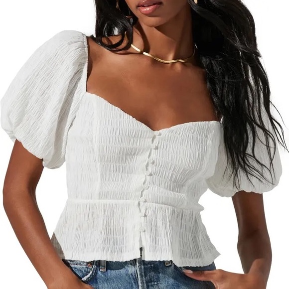 ASTR Puff Sleeve Puff Sleeve Button Front Smocked Top - Picture 2 of 3